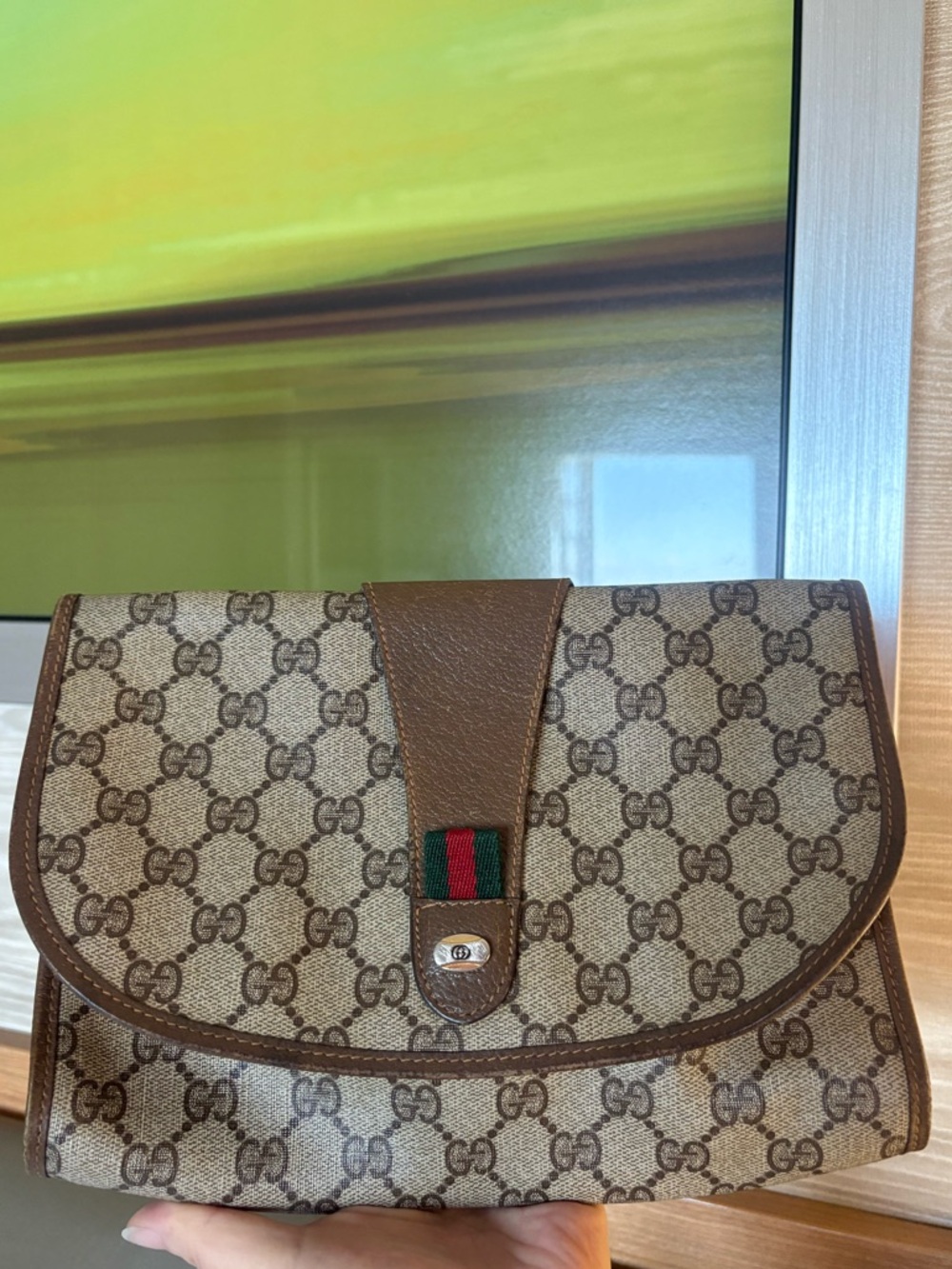 Auth GUCCI Canvas Leather Clutch Bag Beige Brown GG Supreme Vintage